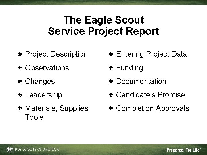 The Eagle Scout Service Project Report Project Description Entering Project Data Observations Funding Changes