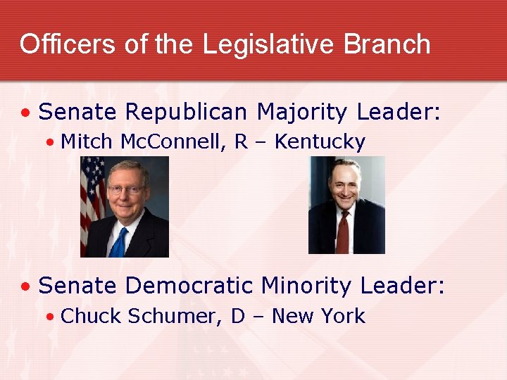 Officers of the Legislative Branch • Senate Republican Majority Leader: • Mitch Mc. Connell, Officers of the Legislative Branch • Senate Republican Majority Leader: • Mitch Mc. Connell,