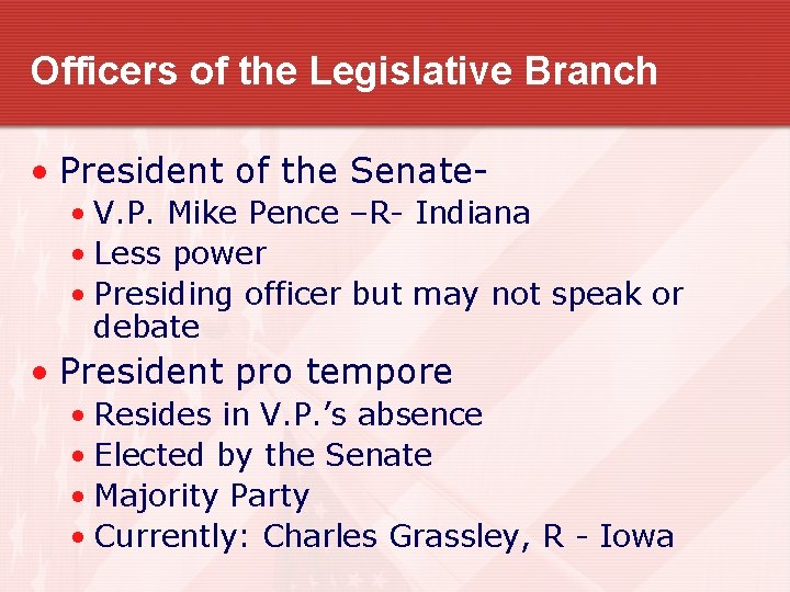 Officers of the Legislative Branch • President of the Senate • V. P. Mike Officers of the Legislative Branch • President of the Senate • V. P. Mike
