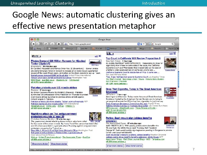 Unsupervised Learning: Clustering Introduction Google News: automatic clustering gives an effective news presentation metaphor