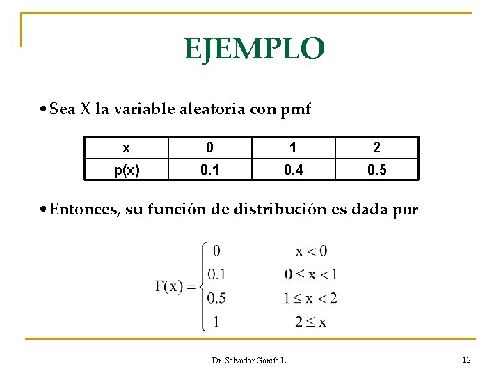 EJEMPLO • Sea X la variable aleatoria con pmf x 0 1 2 p(x)