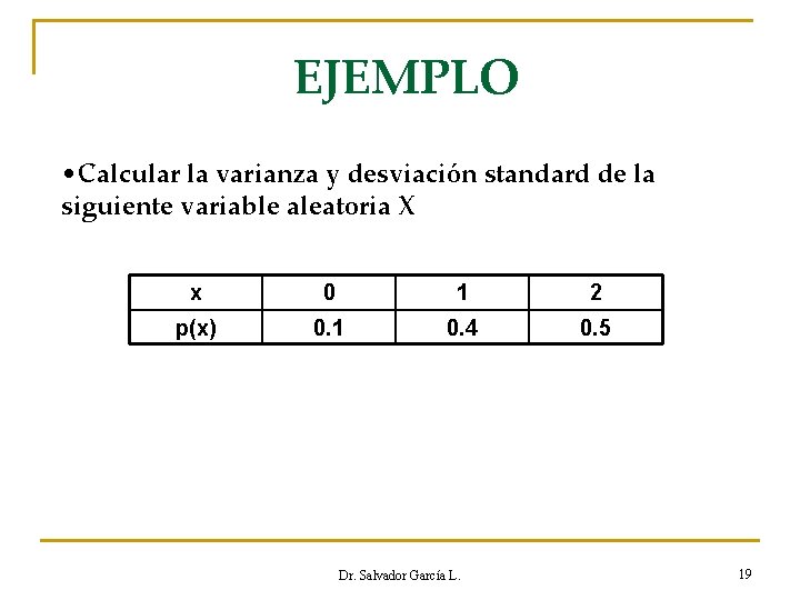 EJEMPLO • Calcular la varianza y desviación standard de la siguiente variable aleatoria X