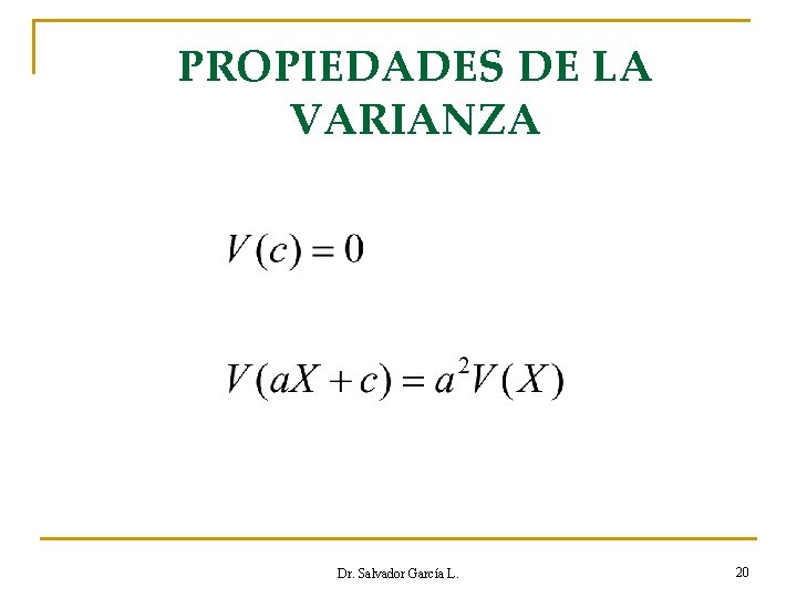 PROPIEDADES DE LA VARIANZA Dr. Salvador García L. 20 