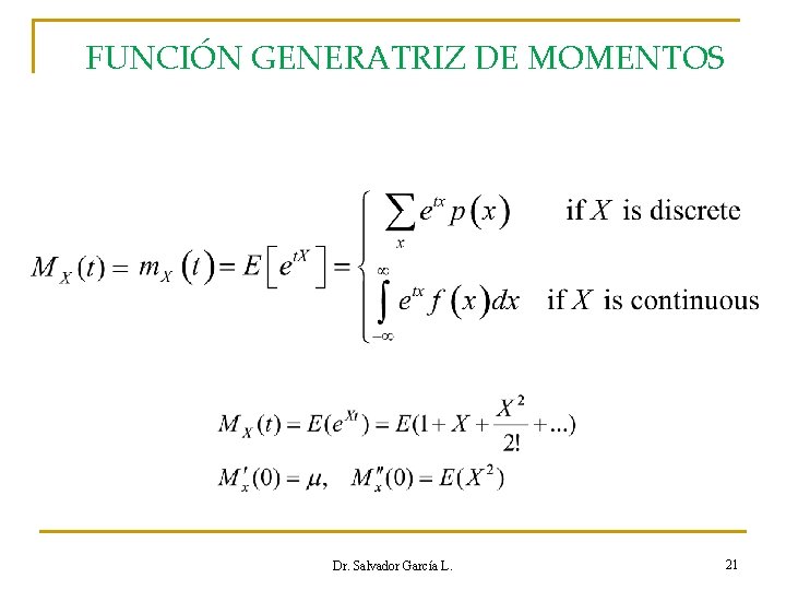 FUNCIÓN GENERATRIZ DE MOMENTOS Dr. Salvador García L. 21 