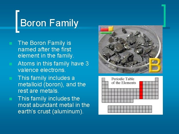 Boron Family n n The Boron Family is named after the first element in