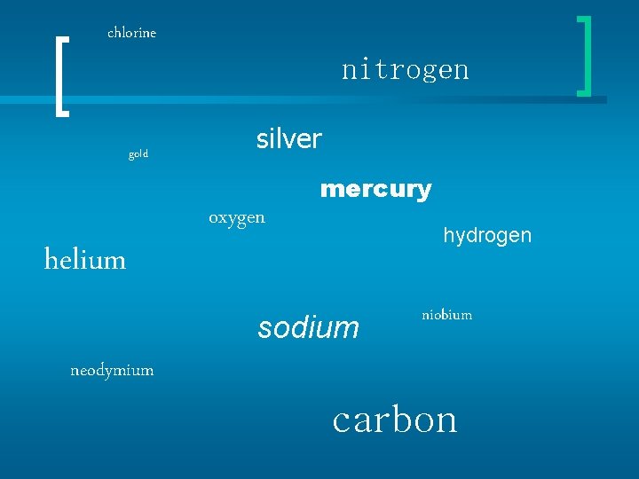 chlorine gold helium nitrogen silver oxygen mercury hydrogen sodium niobium neodymium carbon 