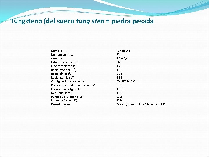 Tungsteno (del sueco tung sten = piedra pesada Nombre Número atómico Valencia Estado de Tungsteno (del sueco tung sten = piedra pesada Nombre Número atómico Valencia Estado de
