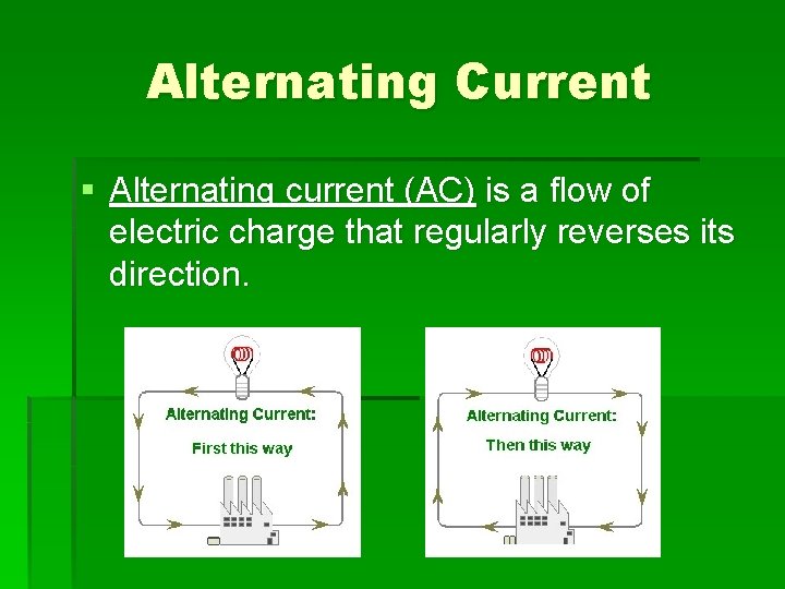 Alternating Current § Alternating current (AC) is a flow of electric charge that regularly