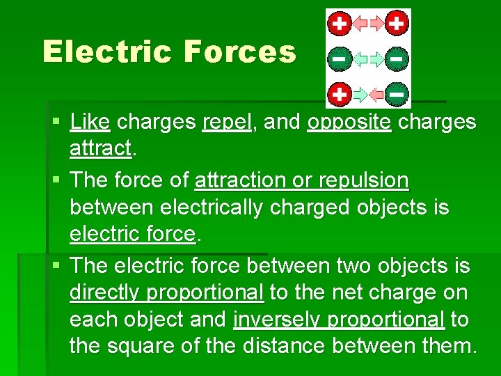 Electric Forces § Like charges repel, and opposite charges attract. § The force of