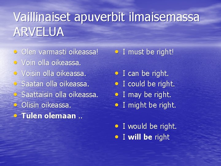 Vaillinaiset apuverbit ilmaisemassa ARVELUA • • Olen varmasti oikeassa! Voin olla oikeassa. Voisin olla