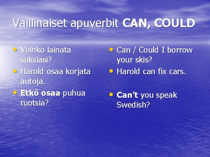 Vaillinaiset apuverbit CAN, COULD • Voinko lainata • Can / Could I borrow •