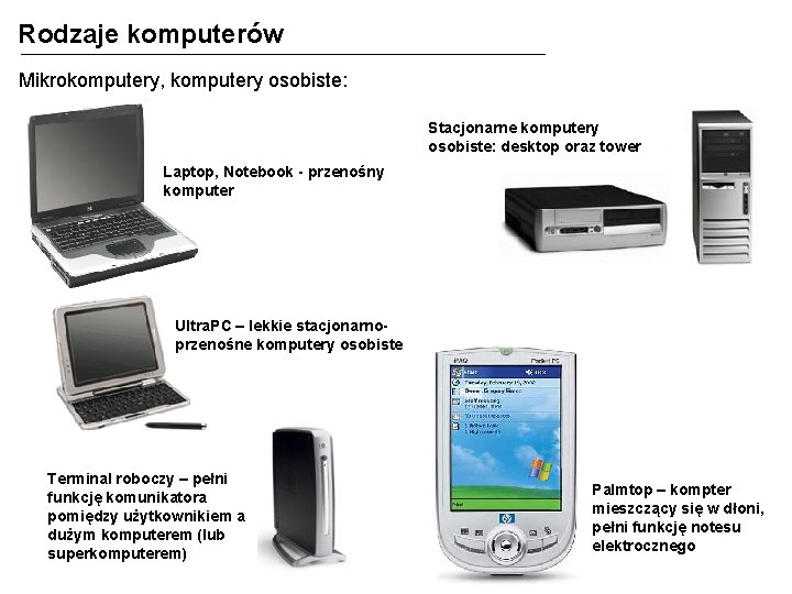 Rodzaje komputerów Mikrokomputery, komputery osobiste: Stacjonarne komputery osobiste: desktop oraz tower Laptop, Notebook -