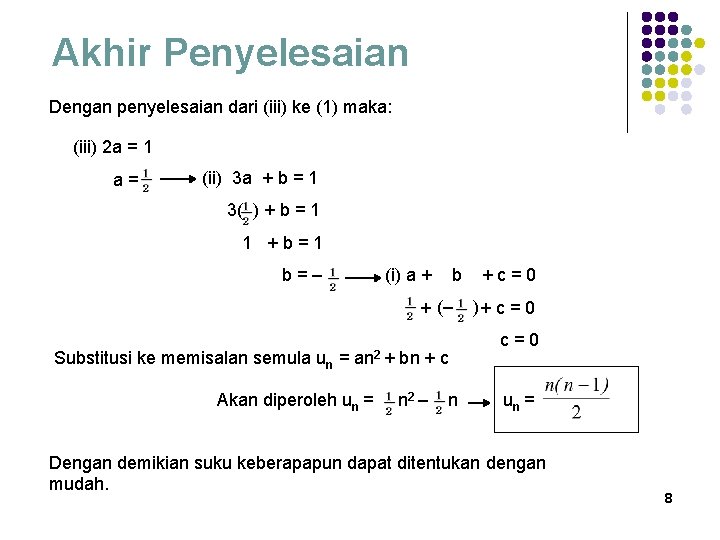 Akhir Penyelesaian Dengan penyelesaian dari (iii) ke (1) maka: (iii) 2 a = 1