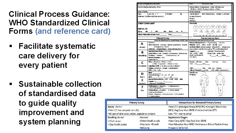 Clinical Process Guidance: WHO Standardized Clinical Forms (and reference card) § Facilitate systematic care