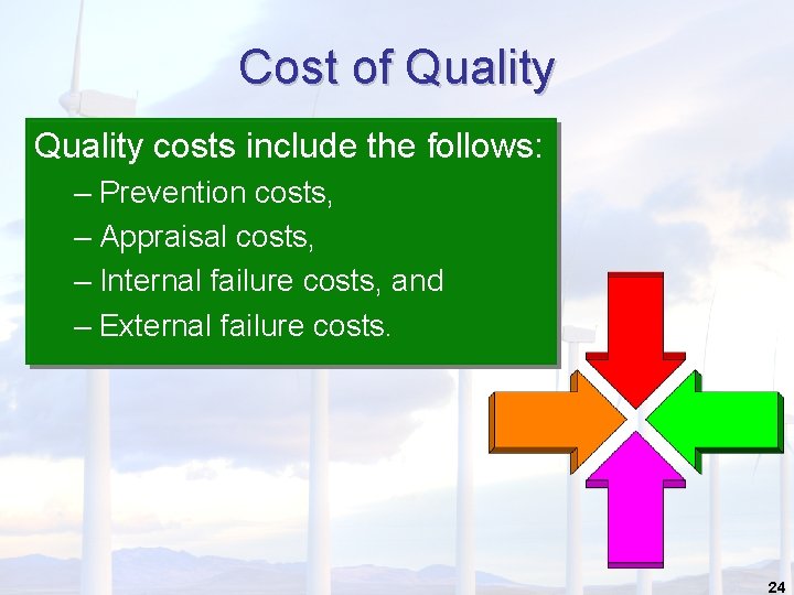 Cost of Quality costs include the follows: – Prevention costs, – Appraisal costs, –