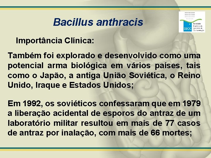 Bacillus anthracis Importância Clínica: Também foi explorado e desenvolvido como uma potencial arma biológica