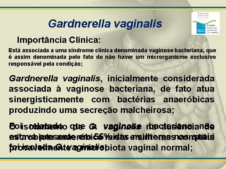 Gardnerella vaginalis Importância Clínica: Está associada a uma síndrome clínica denominada vaginose bacteriana, que