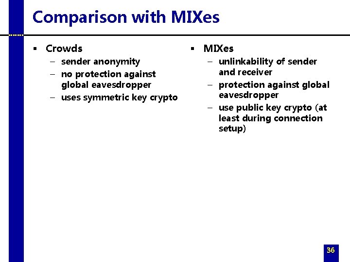 Comparison with MIXes § Crowds – sender anonymity – no protection against global eavesdropper