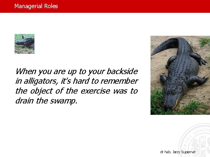 Managerial Roles When you are up to your backside in alligators, it's hard to