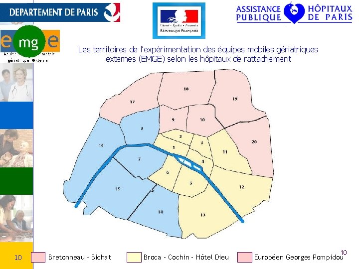 Les territoires de l’expérimentation des équipes mobiles gériatriques externes (EMGE) selon les hôpitaux de