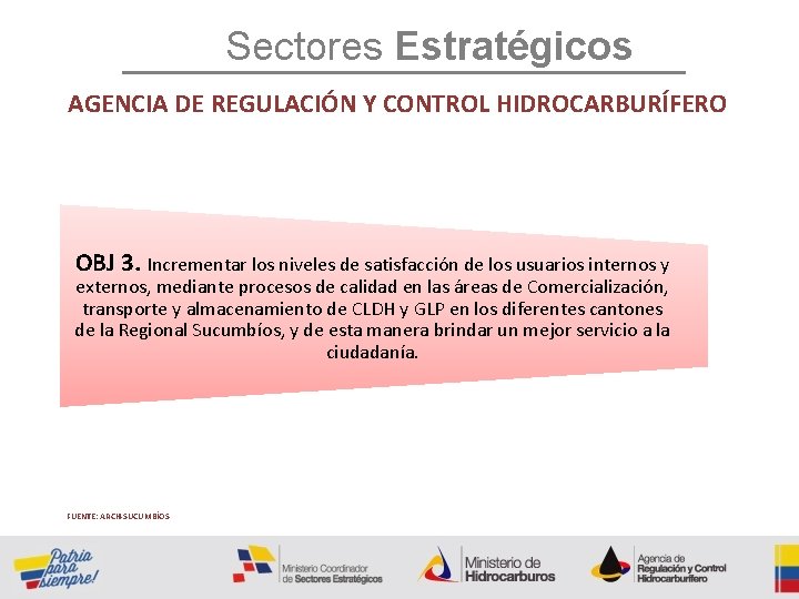 Sectores Estratégicos AGENCIA DE REGULACIÓN Y CONTROL HIDROCARBURÍFERO OBJ 3. Incrementar los niveles de