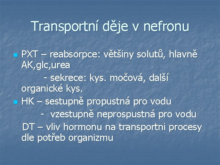 Transportní děje v nefronu PXT – reabsorpce: většiny solutů, hlavně AK, glc, urea -