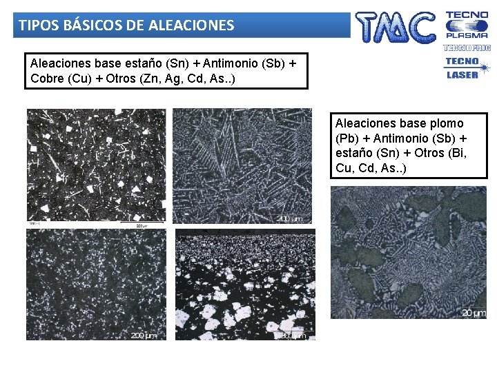 TIPOS BÁSICOS DE ALEACIONES Aleaciones base estaño (Sn) + Antimonio (Sb) + Cobre (Cu)