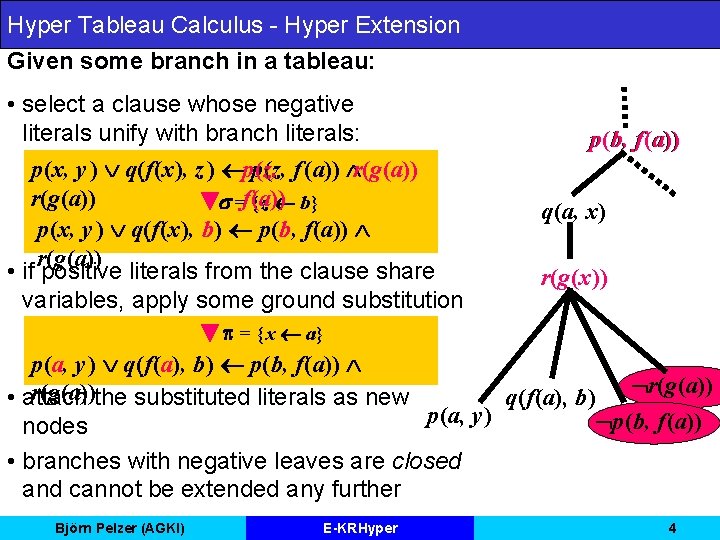 Hyper Tableau Calculus - Hyper Extension Given some branch in a tableau: • select