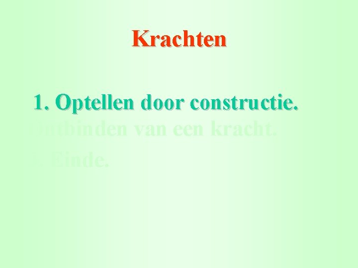 Krachten 1. Optellen door constructie. Ontbinden van een kracht. 3. Einde. 2. 