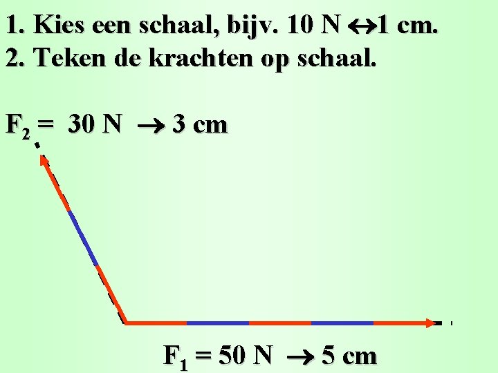 1. Kies een schaal, bijv. 10 N 1 cm. 2. Teken de krachten op