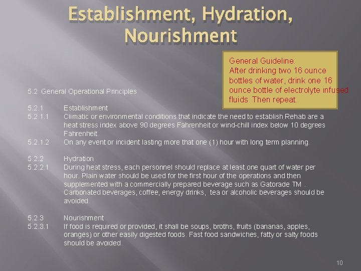 Establishment, Hydration, Nourishment 5. 2 General Operational Principles 5. 2. 1. 1 5. 2.