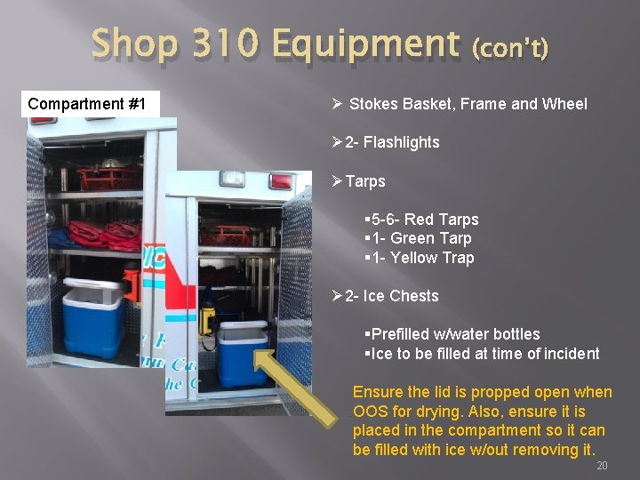 Shop 310 Equipment Compartment #1 (con’t) Ø Stokes Basket, Frame and Wheel Ø 2