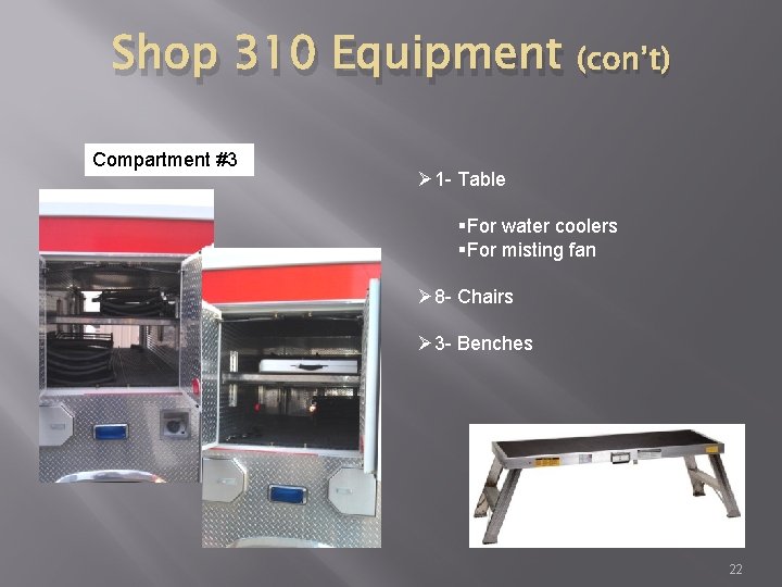 Shop 310 Equipment Compartment #3 (con’t) Ø 1 - Table §For water coolers §For