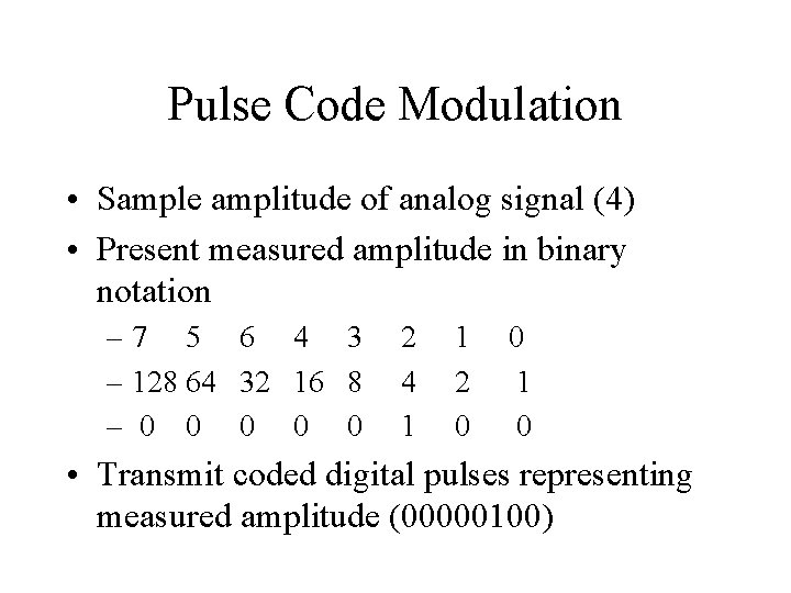 Pulse Code Modulation • Sample amplitude of analog signal (4) • Present measured amplitude