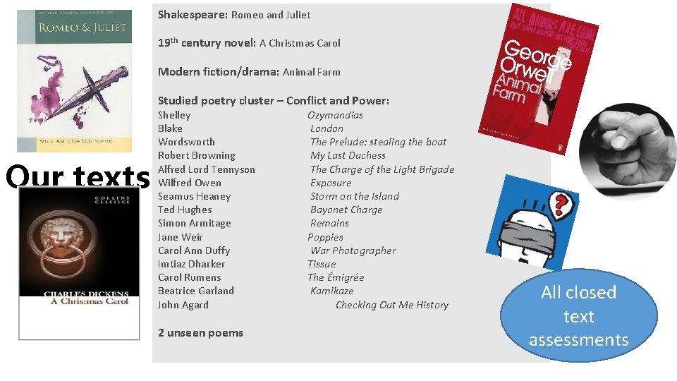 Shakespeare: Romeo and Juliet 19 th century novel: A Christmas Carol Modern fiction/drama: Animal