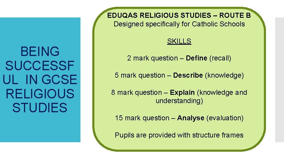 EDUQAS RELIGIOUS STUDIES – ROUTE B Designed specifically for Catholic Schools BEING SUCCESSF UL