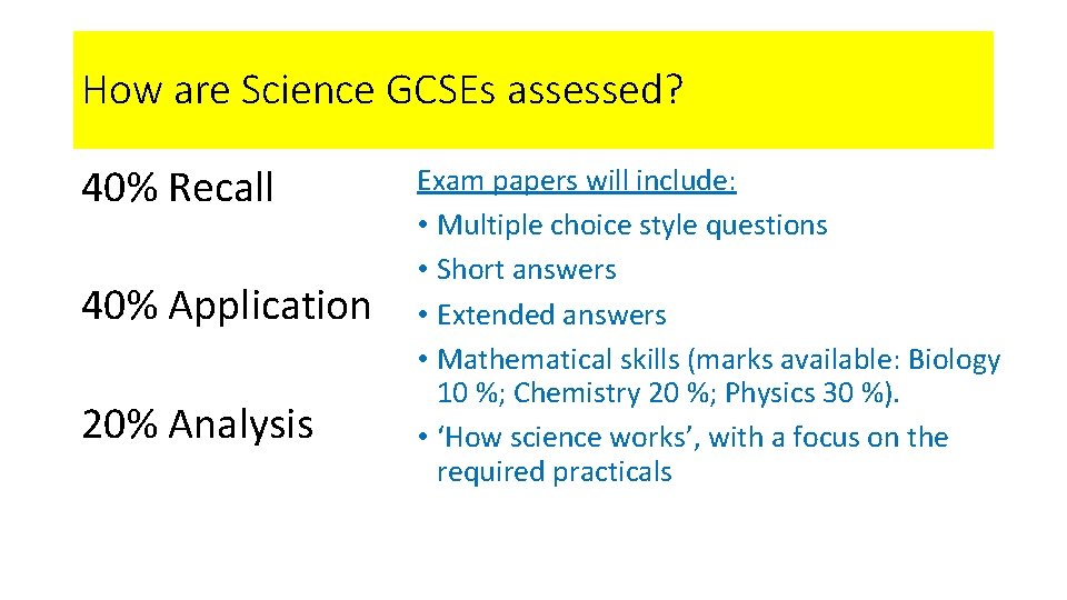 How are Science GCSEs assessed? 40% Recall 40% Application 20% Analysis Exam papers will