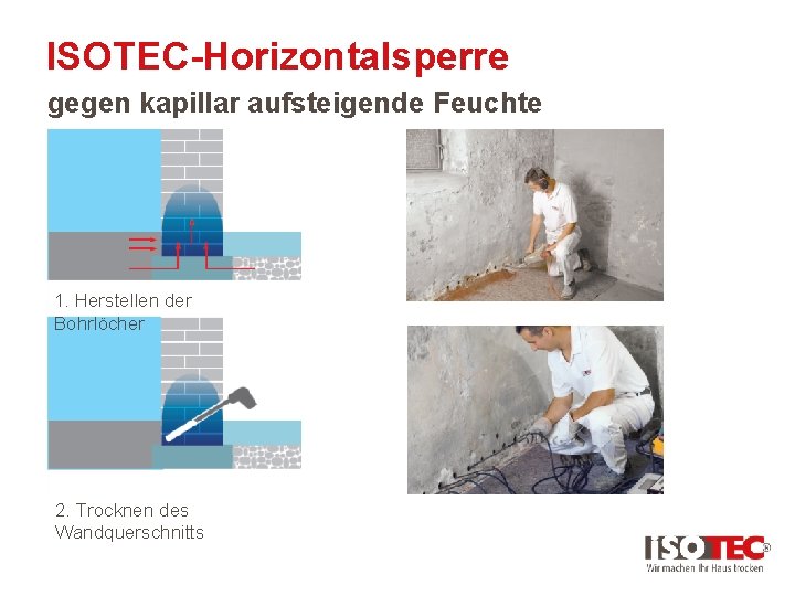 ISOTEC-Horizontalsperre gegen kapillar aufsteigende Feuchte 1. Herstellen der Bohrlöcher 2. Trocknen des Wandquerschnitts 