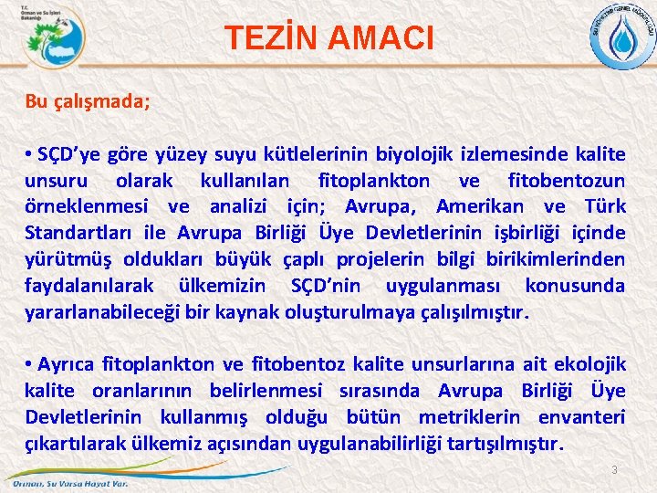 TEZİN AMACI Bu çalışmada; • SÇD’ye göre yüzey suyu kütlelerinin biyolojik izlemesinde kalite unsuru