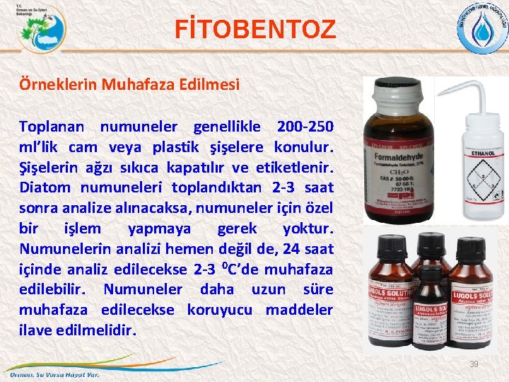 FİTOBENTOZ Örneklerin Muhafaza Edilmesi Toplanan numuneler genellikle 200 -250 ml’lik cam veya plastik şişelere