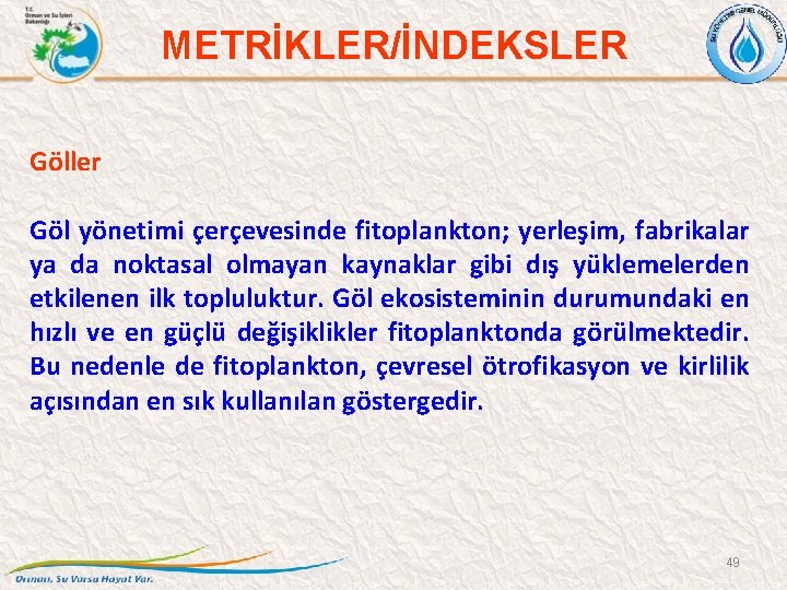 METRİKLER/İNDEKSLER Göller Göl yönetimi çerçevesinde fitoplankton; yerleşim, fabrikalar ya da noktasal olmayan kaynaklar gibi