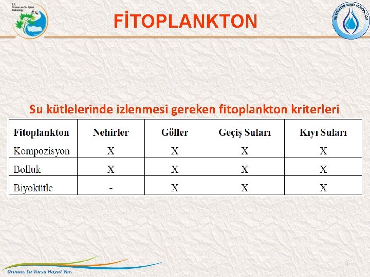 FİTOPLANKTON Su kütlelerinde izlenmesi gereken fitoplankton kriterleri 8 