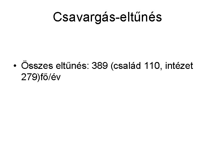 Csavargás-eltűnés • Összes eltűnés: 389 (család 110, intézet 279)fő/év 