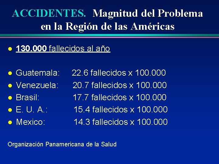ACCIDENTES. Magnitud del Problema en la Región de las Américas l 130. 000 fallecidos