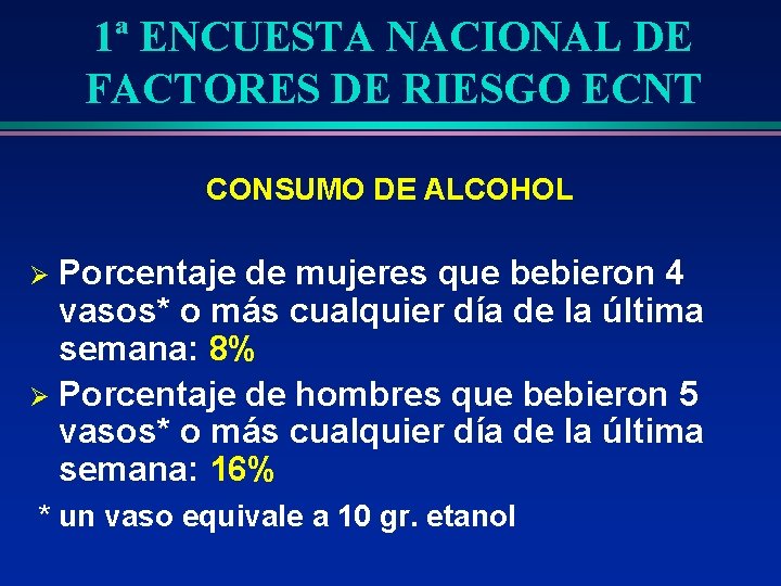 1ª ENCUESTA NACIONAL DE FACTORES DE RIESGO ECNT CONSUMO DE ALCOHOL Porcentaje de mujeres