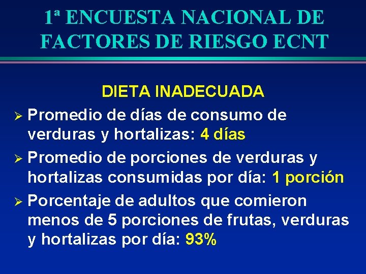 1ª ENCUESTA NACIONAL DE FACTORES DE RIESGO ECNT DIETA INADECUADA Ø Promedio de días