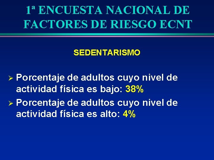 1ª ENCUESTA NACIONAL DE FACTORES DE RIESGO ECNT SEDENTARISMO Porcentaje de adultos cuyo nivel