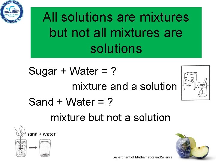 All solutions are mixtures but not all mixtures are solutions Sugar + Water = All solutions are mixtures but not all mixtures are solutions Sugar + Water =