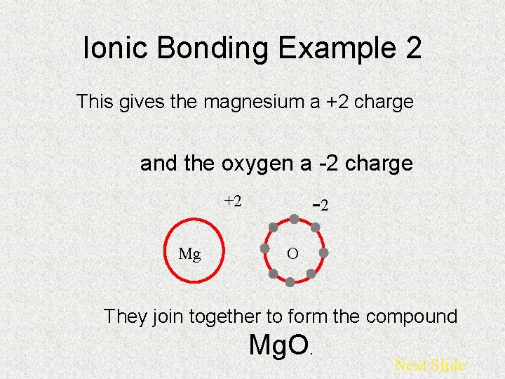 Ionic Bonding Example 2 This gives the magnesium a +2 charge and the oxygen