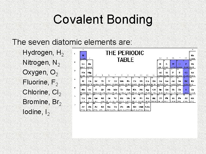 Covalent Bonding The seven diatomic elements are: Hydrogen, H 2 Nitrogen, N 2 Oxygen,